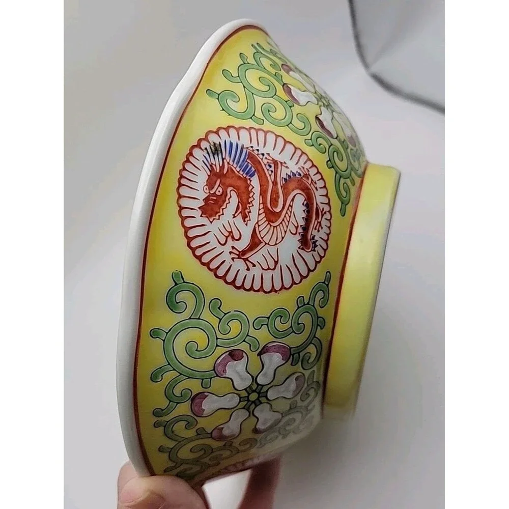 Vintage Asian Hand Painted Yellow Dragon Bowl 7⅝'' x 2½
